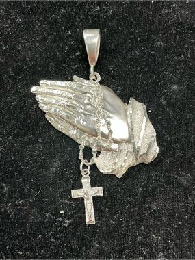 Praying Hands Pendant with Cross Charm - Sterling silver. Xtra large.